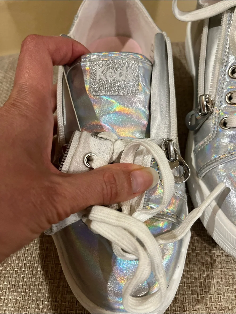 Kids Keds Sneaker. Silver Iridescent/ Metallic. Dual zipper. Youth / kid 2.5